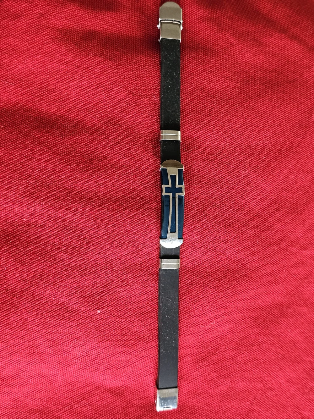 Men's Black Leather Bracelet with Blue Cross Accent